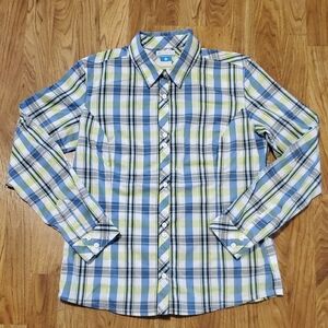 Columbia Plaid Button-Up Long Sleeve Shirt Womens L Periwinkle Lime Green White
